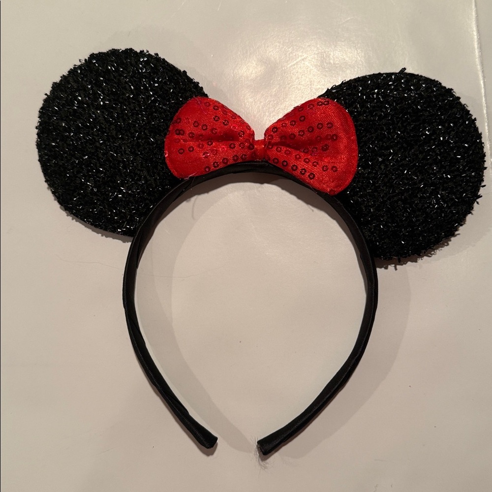 Black Sequin Mouse Ears Headband with Red Bow
